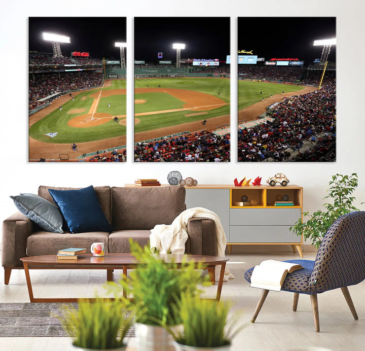 The Boston Red Sox Baseball Team Print is displayed above, featuring a panoramic nighttime view of Massachusetts' Fenway Park Stadium. This wall art is crafted on museum-quality canvas with high-resolution printing and UV-protective coating, ensuring lasting vibrancy and elegance.