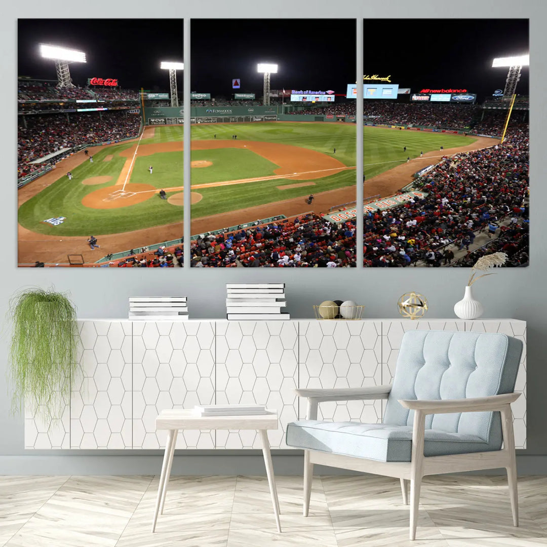 The Boston Red Sox Baseball Team Print is displayed above, featuring a panoramic nighttime view of Massachusetts' Fenway Park Stadium. This wall art is crafted on museum-quality canvas with high-resolution printing and UV-protective coating, ensuring lasting vibrancy and elegance.