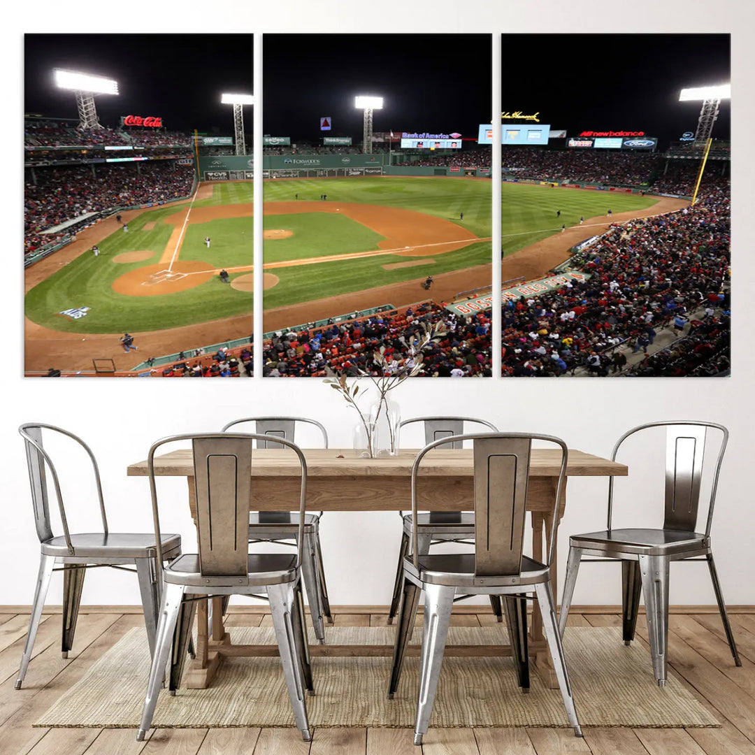 The Boston Red Sox Baseball Team Print is displayed above, featuring a panoramic nighttime view of Massachusetts' Fenway Park Stadium. This wall art is crafted on museum-quality canvas with high-resolution printing and UV-protective coating, ensuring lasting vibrancy and elegance.