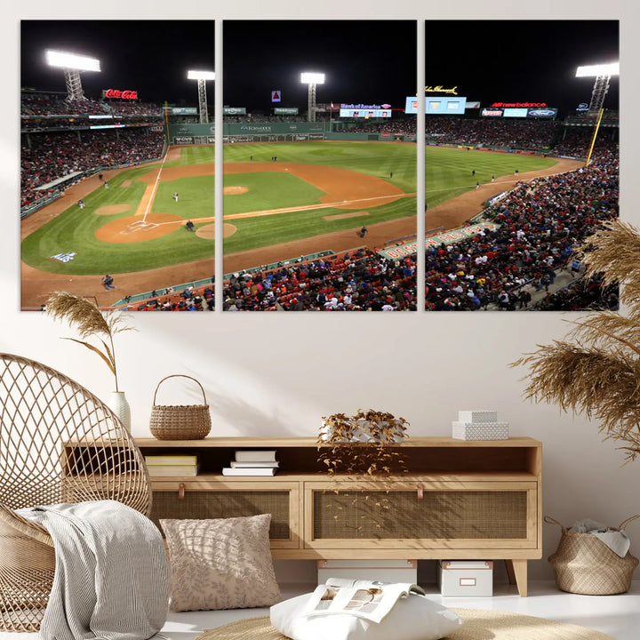 The Boston Red Sox Baseball Team Print is displayed above, featuring a panoramic nighttime view of Massachusetts' Fenway Park Stadium. This wall art is crafted on museum-quality canvas with high-resolution printing and UV-protective coating, ensuring lasting vibrancy and elegance.