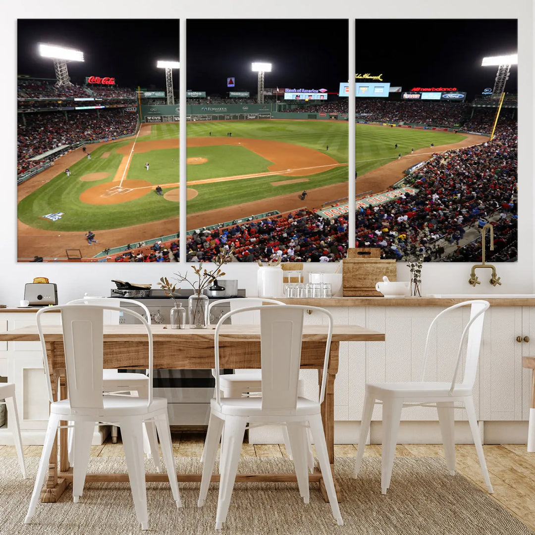 The Boston Red Sox Baseball Team Print is displayed above, featuring a panoramic nighttime view of Massachusetts' Fenway Park Stadium. This wall art is crafted on museum-quality canvas with high-resolution printing and UV-protective coating, ensuring lasting vibrancy and elegance.