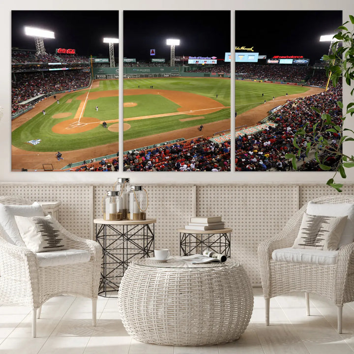 The Boston Red Sox Baseball Team Print is displayed above, featuring a panoramic nighttime view of Massachusetts' Fenway Park Stadium. This wall art is crafted on museum-quality canvas with high-resolution printing and UV-protective coating, ensuring lasting vibrancy and elegance.