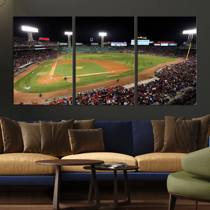 The Boston Red Sox Baseball Team Print is displayed above, featuring a panoramic nighttime view of Massachusetts' Fenway Park Stadium. This wall art is crafted on museum-quality canvas with high-resolution printing and UV-protective coating, ensuring lasting vibrancy and elegance.