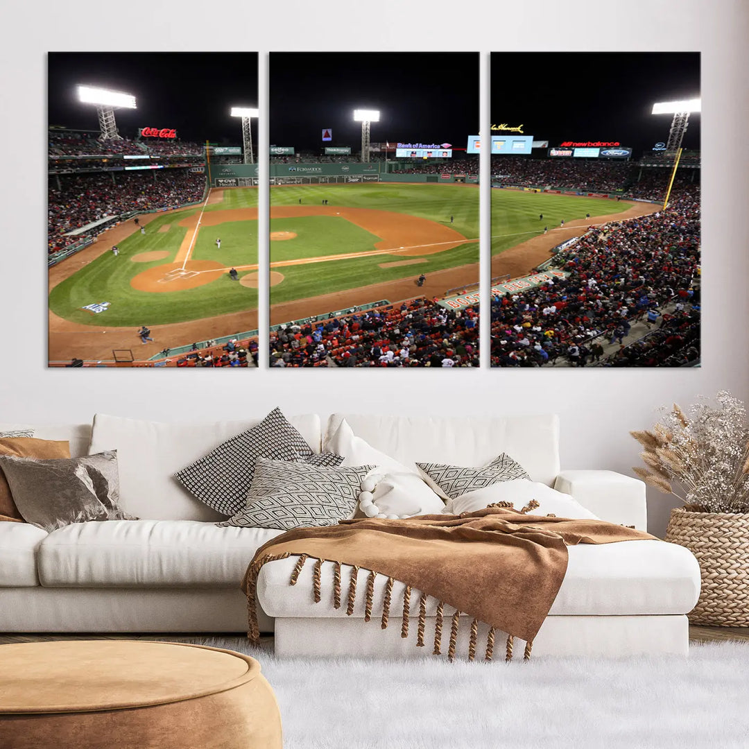 The Boston Red Sox Baseball Team Print is displayed above, featuring a panoramic nighttime view of Massachusetts' Fenway Park Stadium. This wall art is crafted on museum-quality canvas with high-resolution printing and UV-protective coating, ensuring lasting vibrancy and elegance.