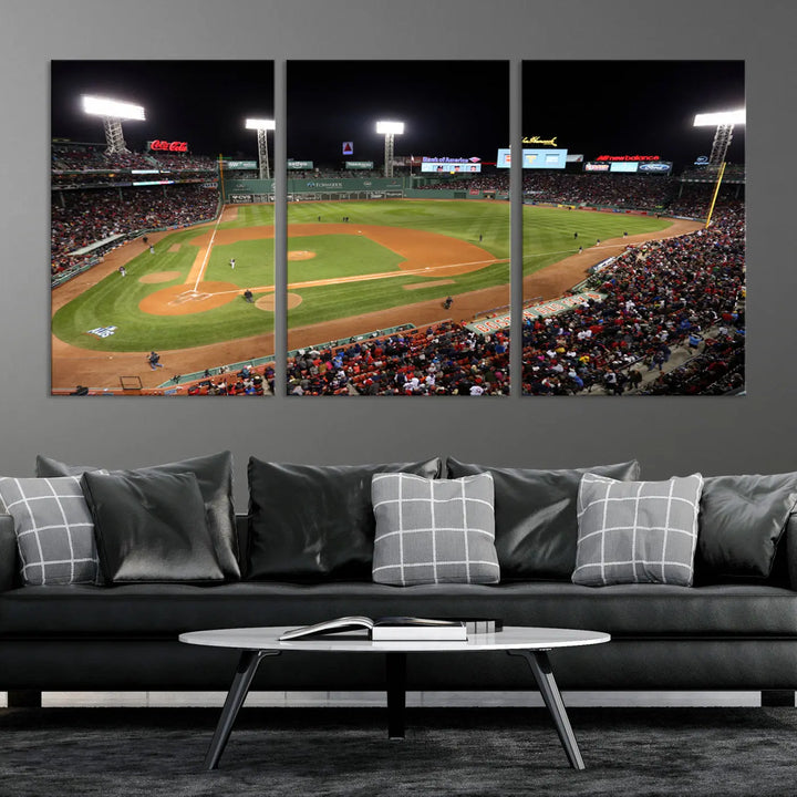 The Boston Red Sox Baseball Team Print is displayed above, featuring a panoramic nighttime view of Massachusetts' Fenway Park Stadium. This wall art is crafted on museum-quality canvas with high-resolution printing and UV-protective coating, ensuring lasting vibrancy and elegance.