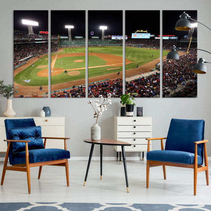 The Boston Red Sox Baseball Team Print is displayed above, featuring a panoramic nighttime view of Massachusetts' Fenway Park Stadium. This wall art is crafted on museum-quality canvas with high-resolution printing and UV-protective coating, ensuring lasting vibrancy and elegance.