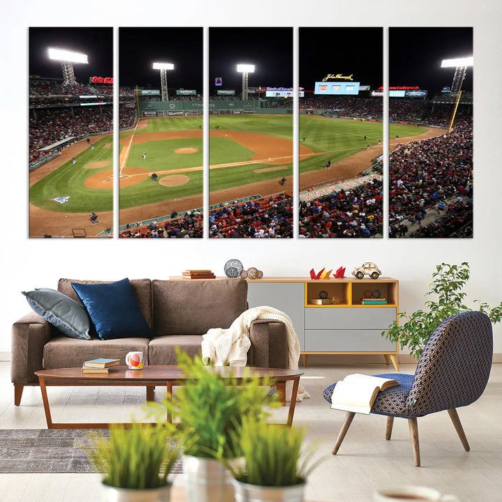 The Boston Red Sox Baseball Team Print is displayed above, featuring a panoramic nighttime view of Massachusetts' Fenway Park Stadium. This wall art is crafted on museum-quality canvas with high-resolution printing and UV-protective coating, ensuring lasting vibrancy and elegance.