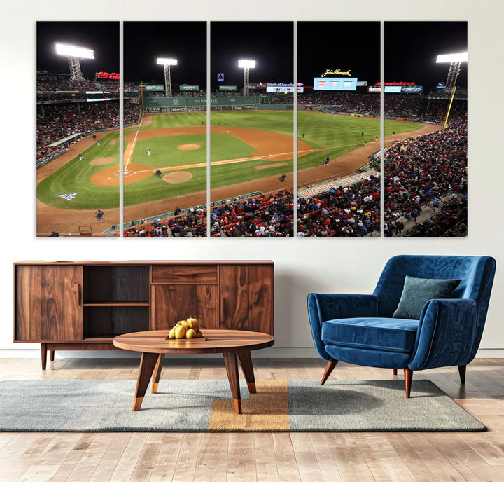 The Boston Red Sox Baseball Team Print is displayed above, featuring a panoramic nighttime view of Massachusetts' Fenway Park Stadium. This wall art is crafted on museum-quality canvas with high-resolution printing and UV-protective coating, ensuring lasting vibrancy and elegance.