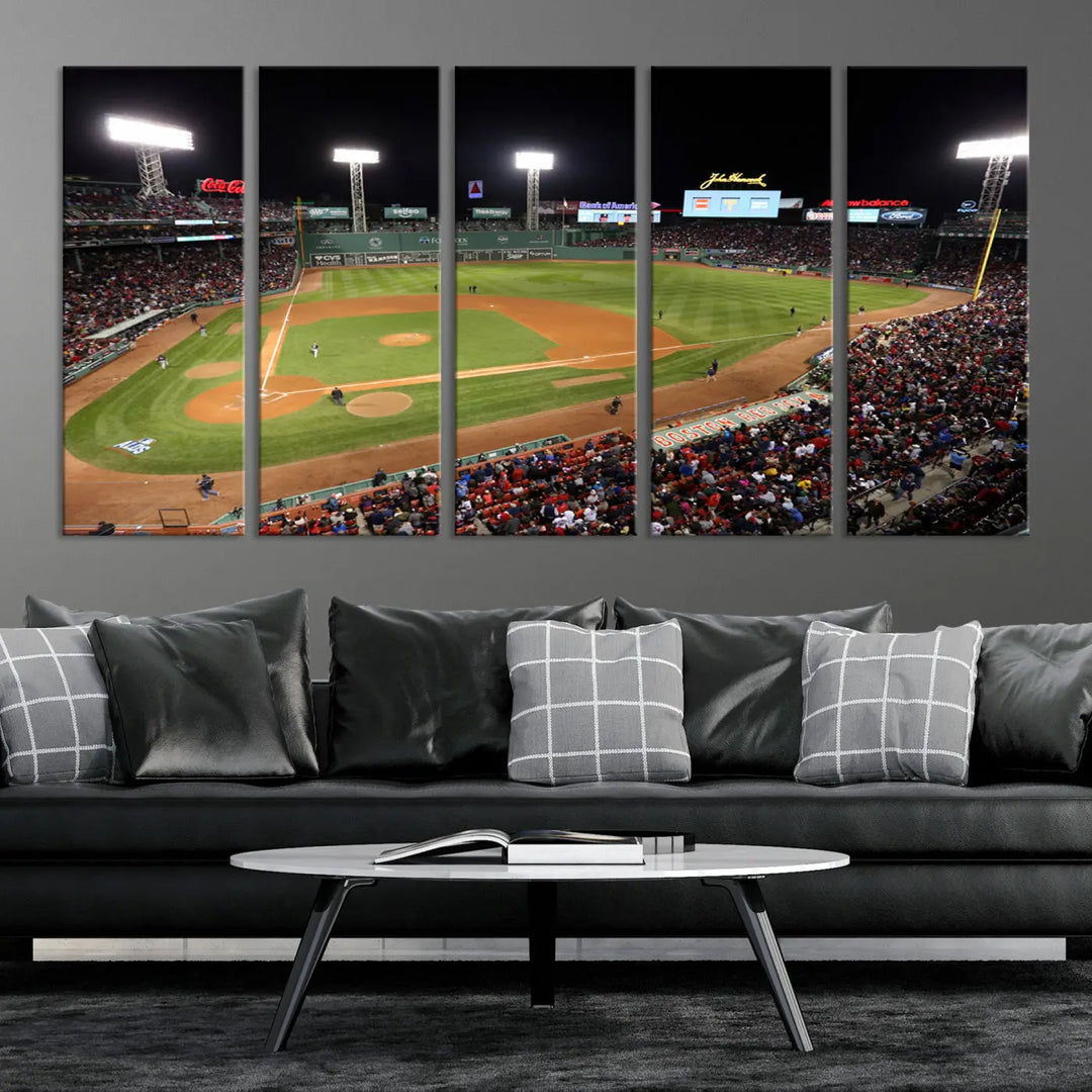 The Boston Red Sox Baseball Team Print is displayed above, featuring a panoramic nighttime view of Massachusetts' Fenway Park Stadium. This wall art is crafted on museum-quality canvas with high-resolution printing and UV-protective coating, ensuring lasting vibrancy and elegance.