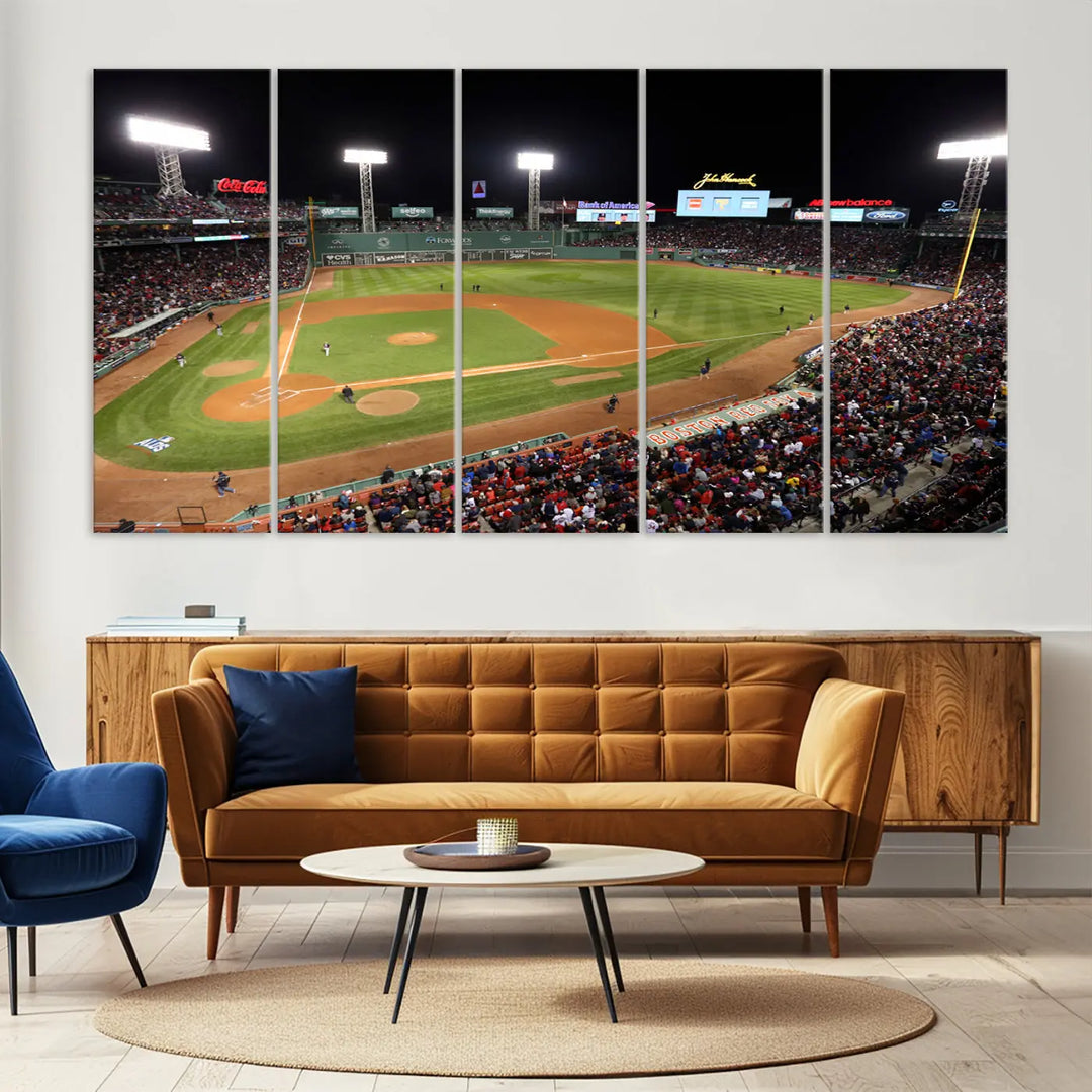 The Boston Red Sox Baseball Team Print is displayed above, featuring a panoramic nighttime view of Massachusetts' Fenway Park Stadium. This wall art is crafted on museum-quality canvas with high-resolution printing and UV-protective coating, ensuring lasting vibrancy and elegance.