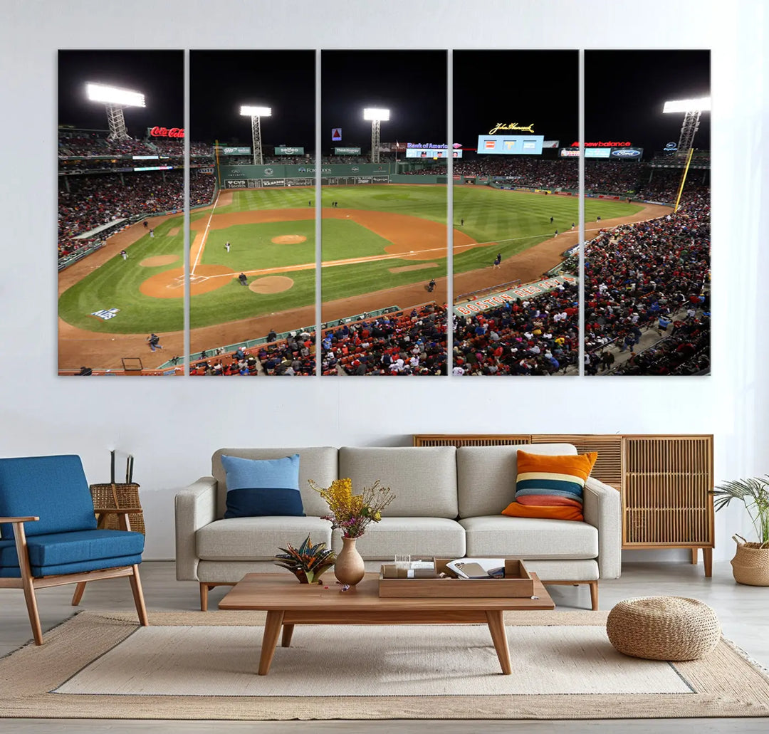 The Boston Red Sox Baseball Team Print is displayed above, featuring a panoramic nighttime view of Massachusetts' Fenway Park Stadium. This wall art is crafted on museum-quality canvas with high-resolution printing and UV-protective coating, ensuring lasting vibrancy and elegance.