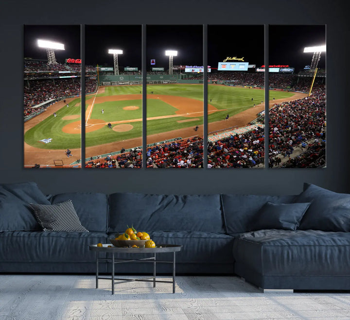 The Boston Red Sox Baseball Team Print is displayed above, featuring a panoramic nighttime view of Massachusetts' Fenway Park Stadium. This wall art is crafted on museum-quality canvas with high-resolution printing and UV-protective coating, ensuring lasting vibrancy and elegance.