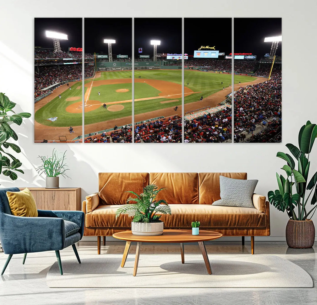 The Boston Red Sox Baseball Team Print is displayed above, featuring a panoramic nighttime view of Massachusetts' Fenway Park Stadium. This wall art is crafted on museum-quality canvas with high-resolution printing and UV-protective coating, ensuring lasting vibrancy and elegance.