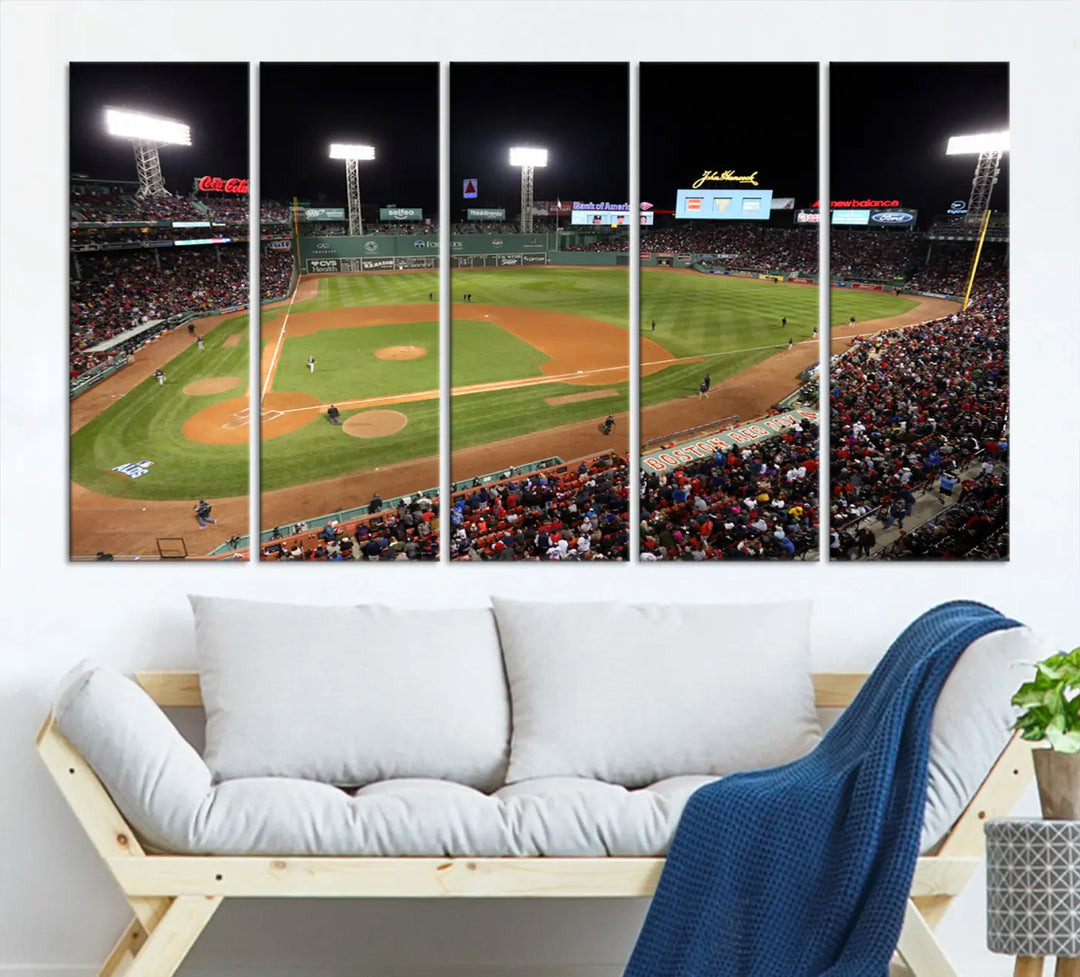 The Boston Red Sox Baseball Team Print is displayed above, featuring a panoramic nighttime view of Massachusetts' Fenway Park Stadium. This wall art is crafted on museum-quality canvas with high-resolution printing and UV-protective coating, ensuring lasting vibrancy and elegance.