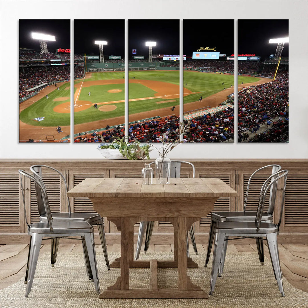 The Boston Red Sox Baseball Team Print is displayed above, featuring a panoramic nighttime view of Massachusetts' Fenway Park Stadium. This wall art is crafted on museum-quality canvas with high-resolution printing and UV-protective coating, ensuring lasting vibrancy and elegance.