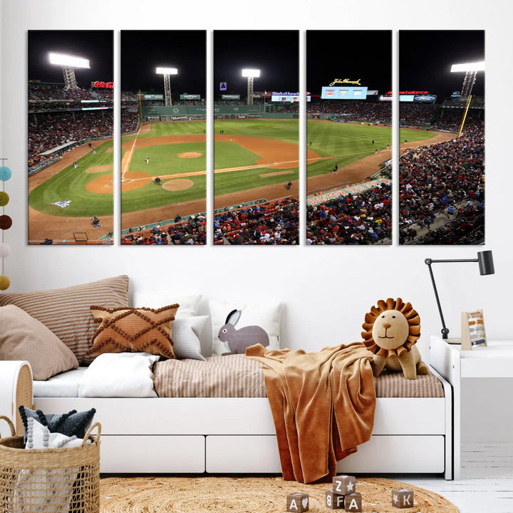 The Boston Red Sox Baseball Team Print is displayed above, featuring a panoramic nighttime view of Massachusetts' Fenway Park Stadium. This wall art is crafted on museum-quality canvas with high-resolution printing and UV-protective coating, ensuring lasting vibrancy and elegance.