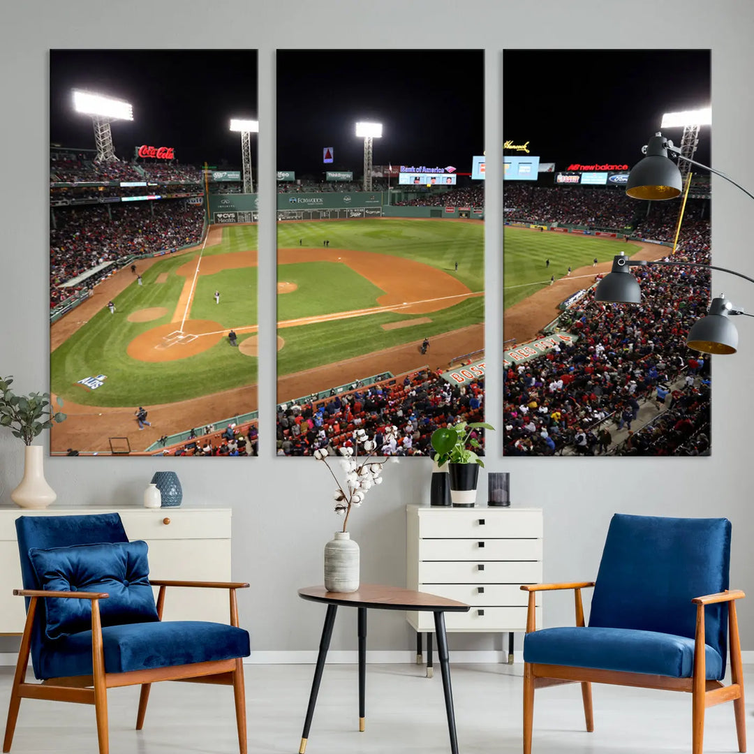 The Boston Red Sox Baseball Team Print, featuring a night view of Massachusetts' Fenway Park Stadium, is displayed on museum-quality canvas. This triptych wall art boasts high-resolution printing and UV-protective coating to ensure lasting vibrancy under any lighting conditions.