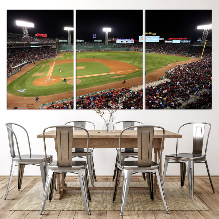 The Boston Red Sox Baseball Team Print, featuring a night view of Massachusetts' Fenway Park Stadium, is displayed on museum-quality canvas. This triptych wall art boasts high-resolution printing and UV-protective coating to ensure lasting vibrancy under any lighting conditions.