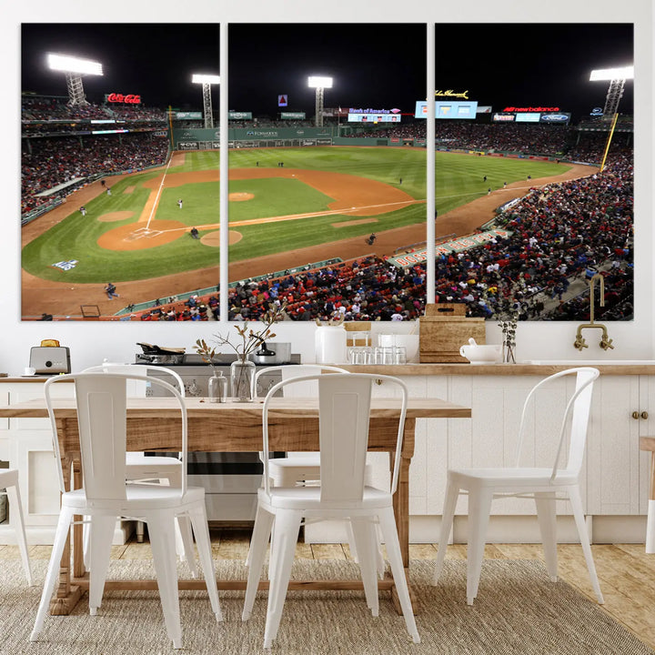 The Boston Red Sox Baseball Team Print, featuring a night view of Massachusetts' Fenway Park Stadium, is displayed on museum-quality canvas. This triptych wall art boasts high-resolution printing and UV-protective coating to ensure lasting vibrancy under any lighting conditions.