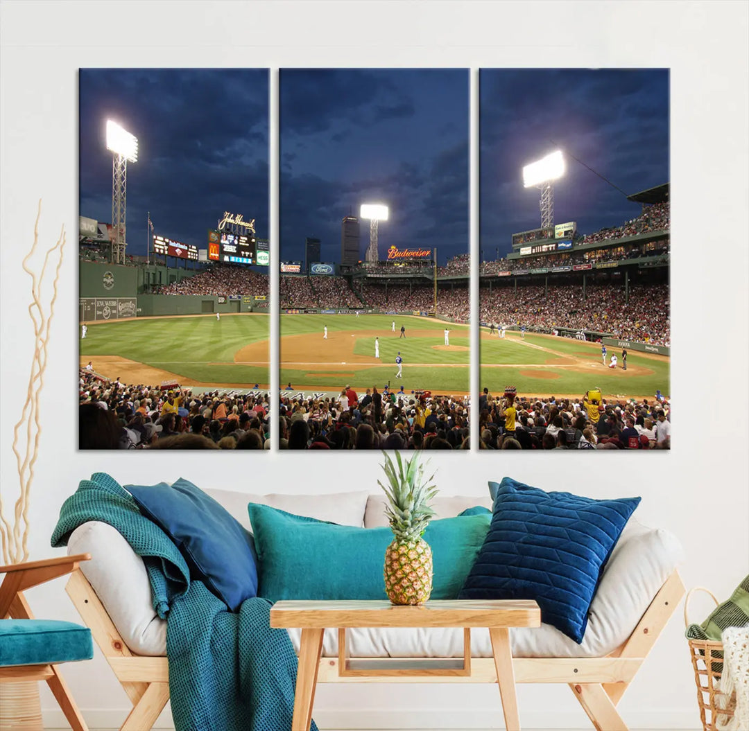 Boston Red Sox Baseball Team Print showcasing the vibrant Massachusetts Fenway Park Stadium at night. The high-resolution printing highlights every detail on museum-quality canvas.