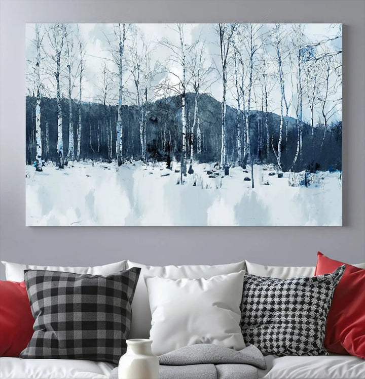 A breathtaking winter forest canvas art print featuring birch trees is designed to be enjoyed on museum-quality canvas with UV-protective coating and free shipping.