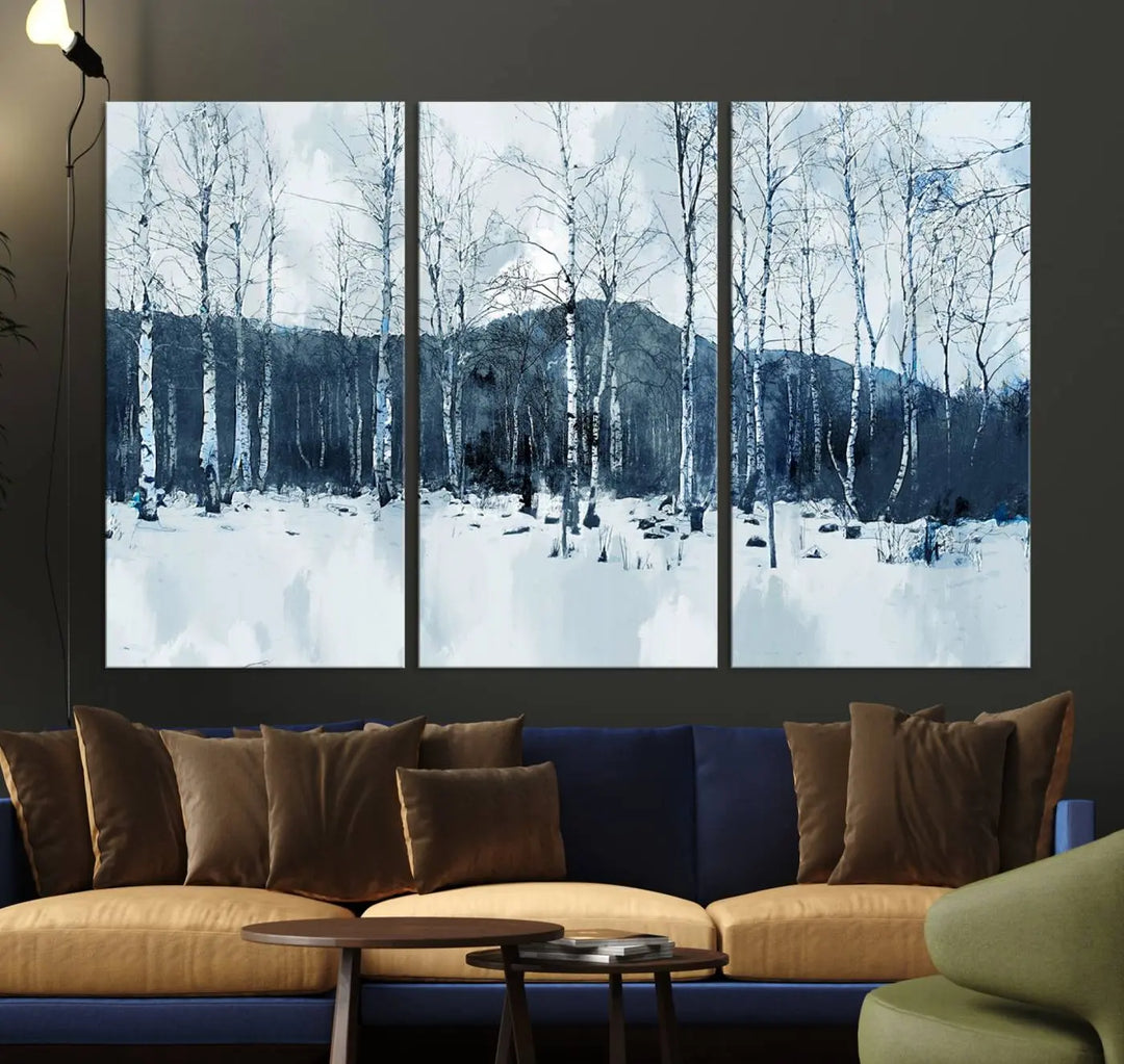 A breathtaking winter forest canvas art print featuring birch trees is designed to be enjoyed on museum-quality canvas with UV-protective coating and free shipping.