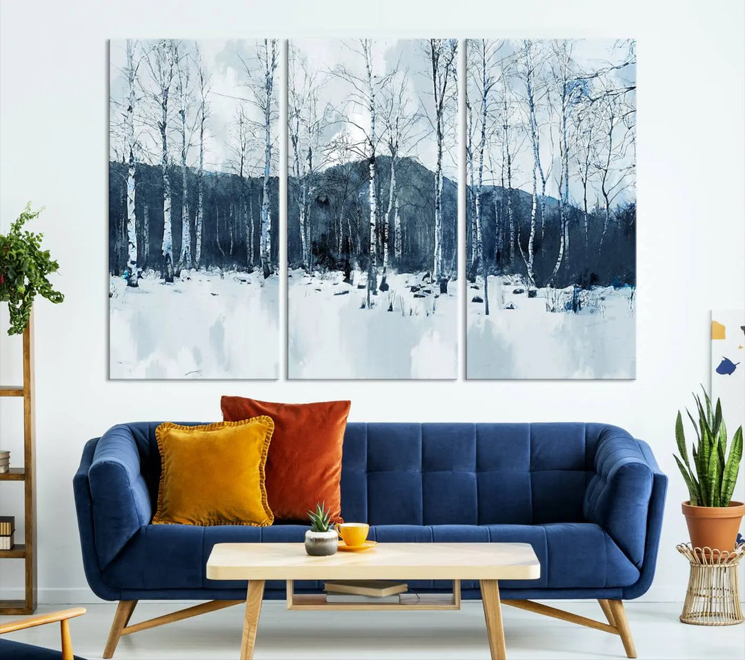 A breathtaking winter forest canvas art print featuring birch trees is designed to be enjoyed on museum-quality canvas with UV-protective coating and free shipping.