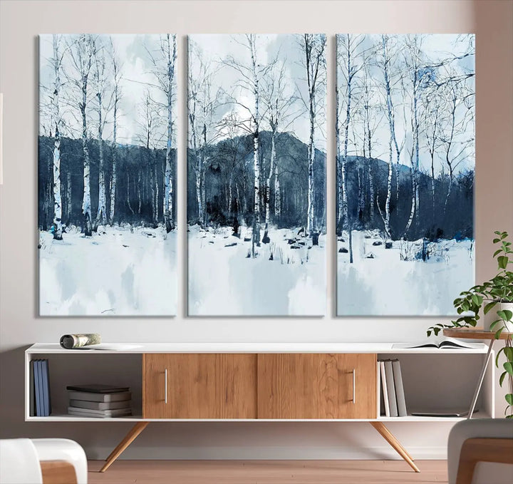 A breathtaking winter forest canvas art print featuring birch trees is designed to be enjoyed on museum-quality canvas with UV-protective coating and free shipping.