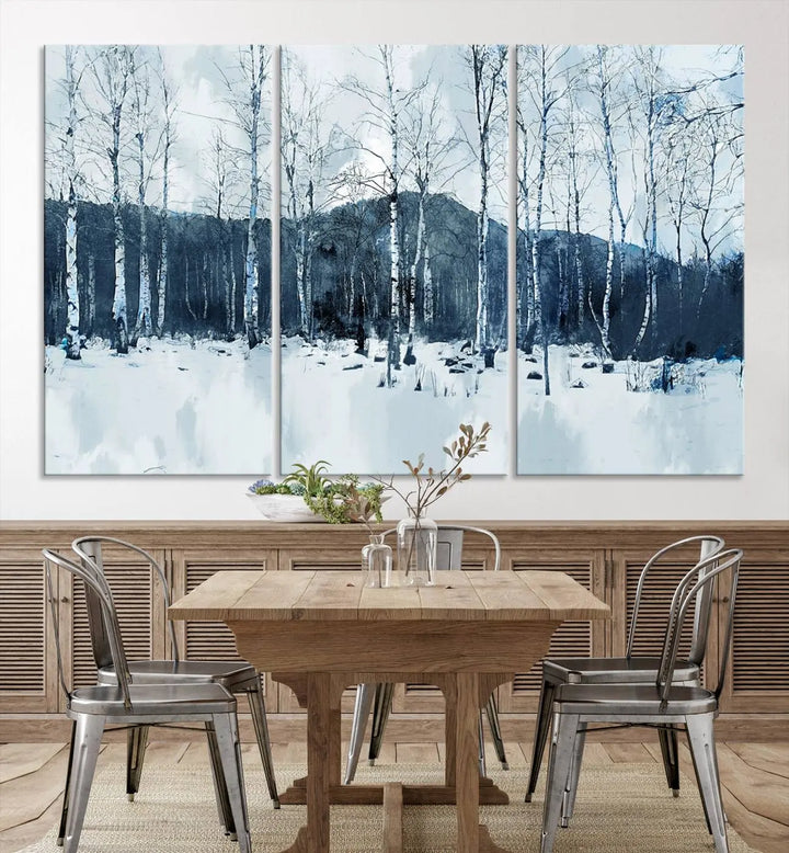 A breathtaking winter forest canvas art print featuring birch trees is designed to be enjoyed on museum-quality canvas with UV-protective coating and free shipping.