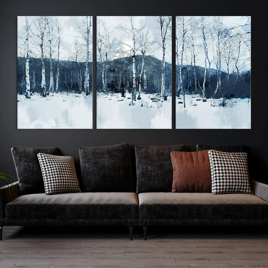 A breathtaking winter forest canvas art print featuring birch trees is designed to be enjoyed on museum-quality canvas with UV-protective coating and free shipping.