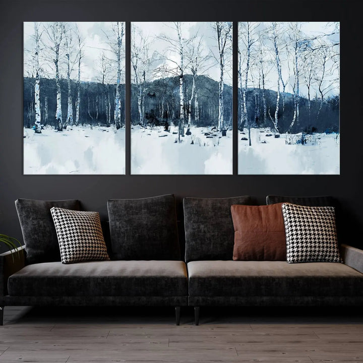 A breathtaking winter forest canvas art print featuring birch trees is designed to be enjoyed on museum-quality canvas with UV-protective coating and free shipping.