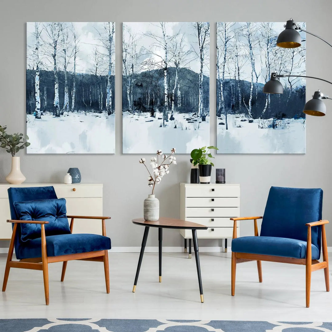 A breathtaking winter forest canvas art print featuring birch trees is designed to be enjoyed on museum-quality canvas with UV-protective coating and free shipping.