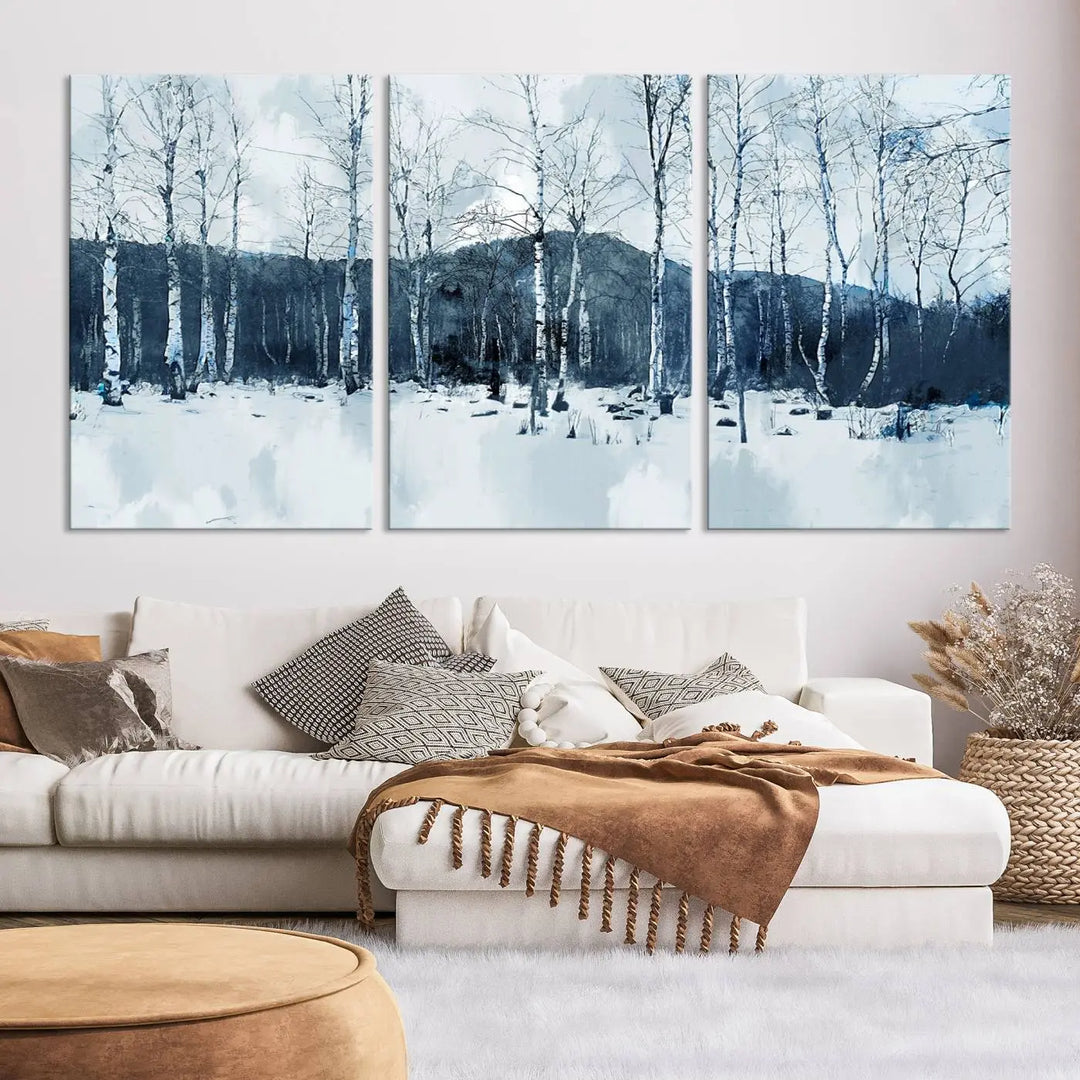 A breathtaking winter forest canvas art print featuring birch trees is designed to be enjoyed on museum-quality canvas with UV-protective coating and free shipping.