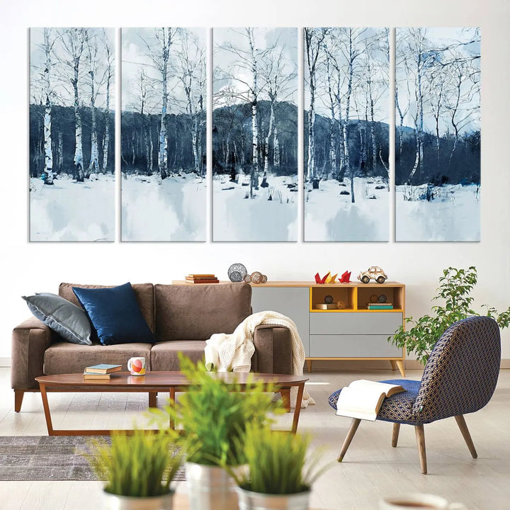 A breathtaking winter forest canvas art print featuring birch trees is designed to be enjoyed on museum-quality canvas with UV-protective coating and free shipping.