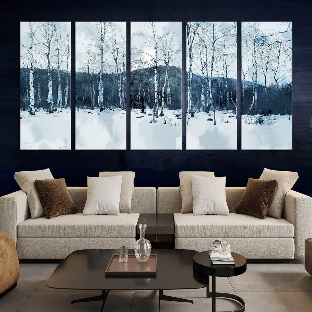 A breathtaking winter forest canvas art print featuring birch trees is designed to be enjoyed on museum-quality canvas with UV-protective coating and free shipping.