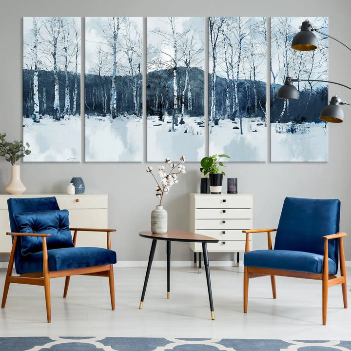 A breathtaking winter forest canvas art print featuring birch trees is designed to be enjoyed on museum-quality canvas with UV-protective coating and free shipping.