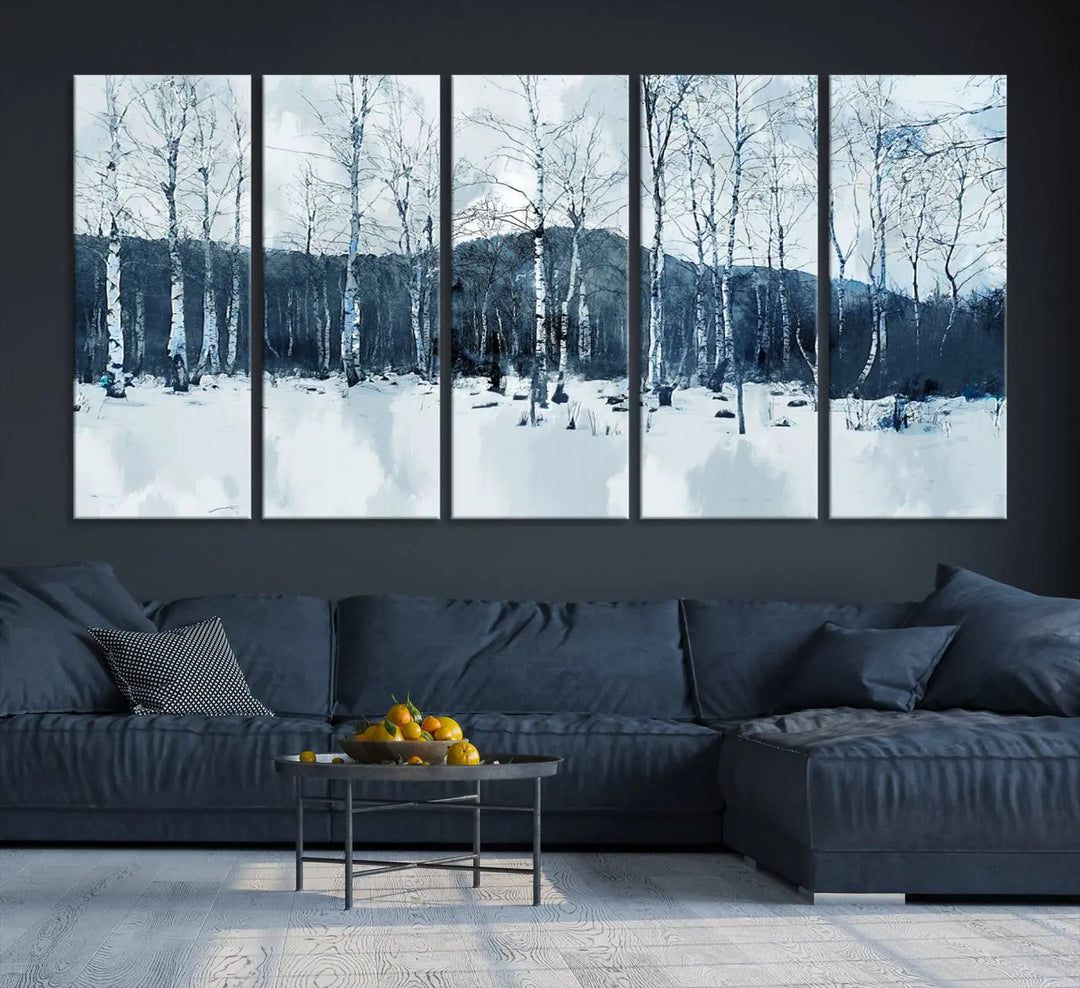 A breathtaking winter forest canvas art print featuring birch trees is designed to be enjoyed on museum-quality canvas with UV-protective coating and free shipping.