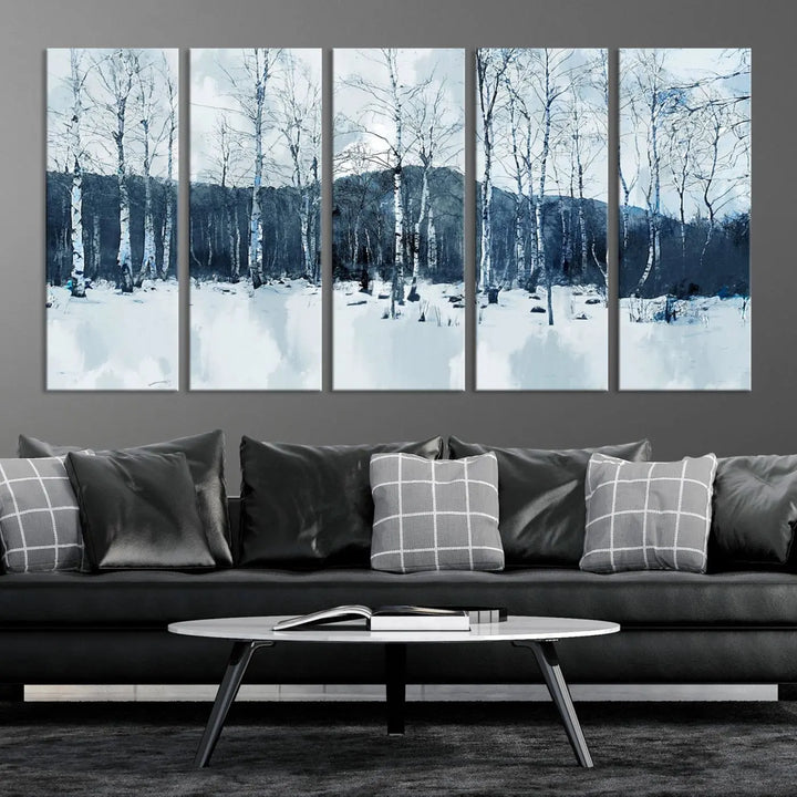 A breathtaking winter forest canvas art print featuring birch trees is designed to be enjoyed on museum-quality canvas with UV-protective coating and free shipping.