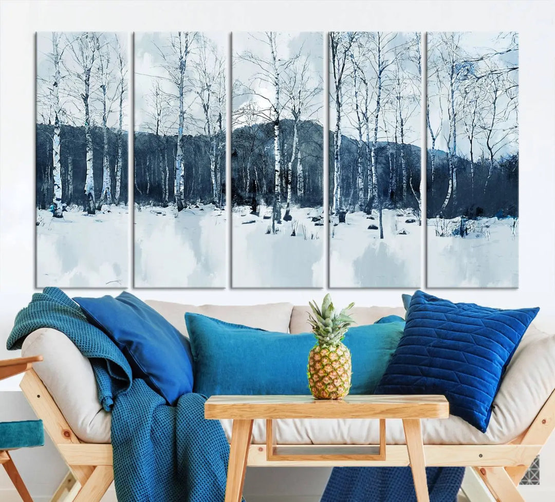 A breathtaking winter forest canvas art print featuring birch trees is designed to be enjoyed on museum-quality canvas with UV-protective coating and free shipping.