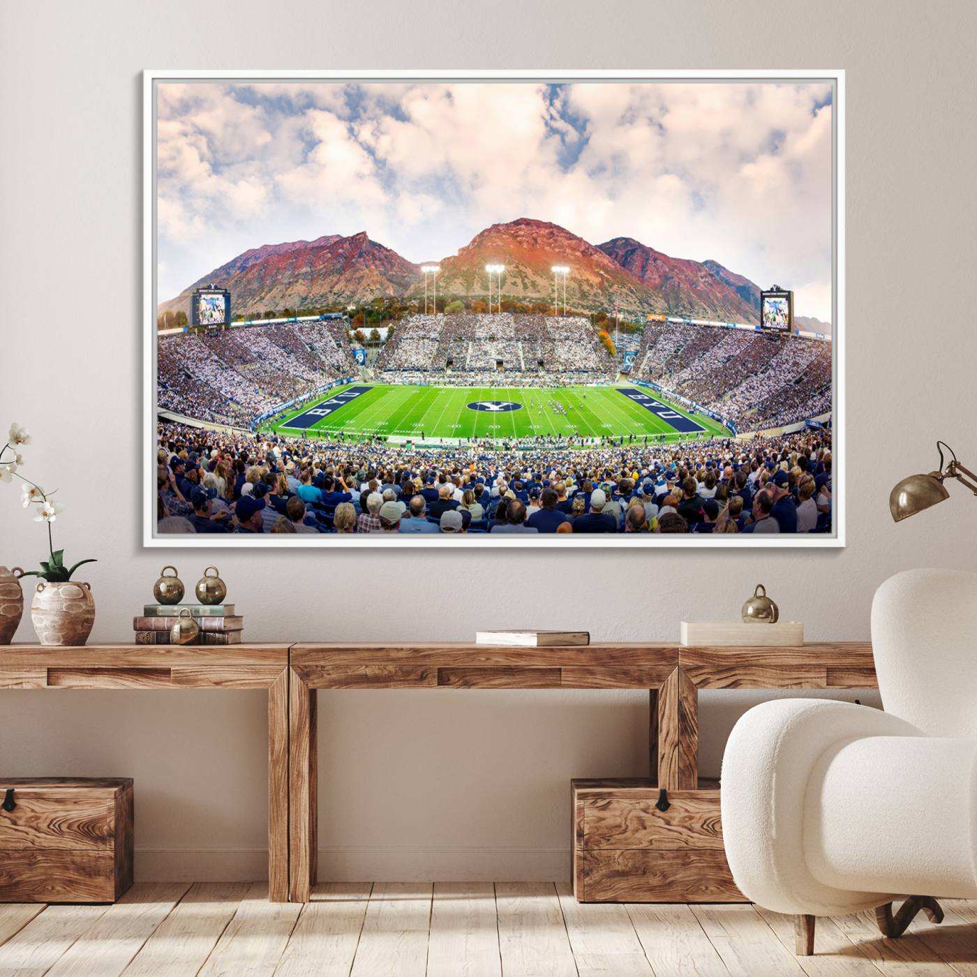 85734-MGV-FC-36X24_White-Brigham Young University Cougars Football Team Print - Provo LaVell Edwards Stadium Wall Art Canvas Print