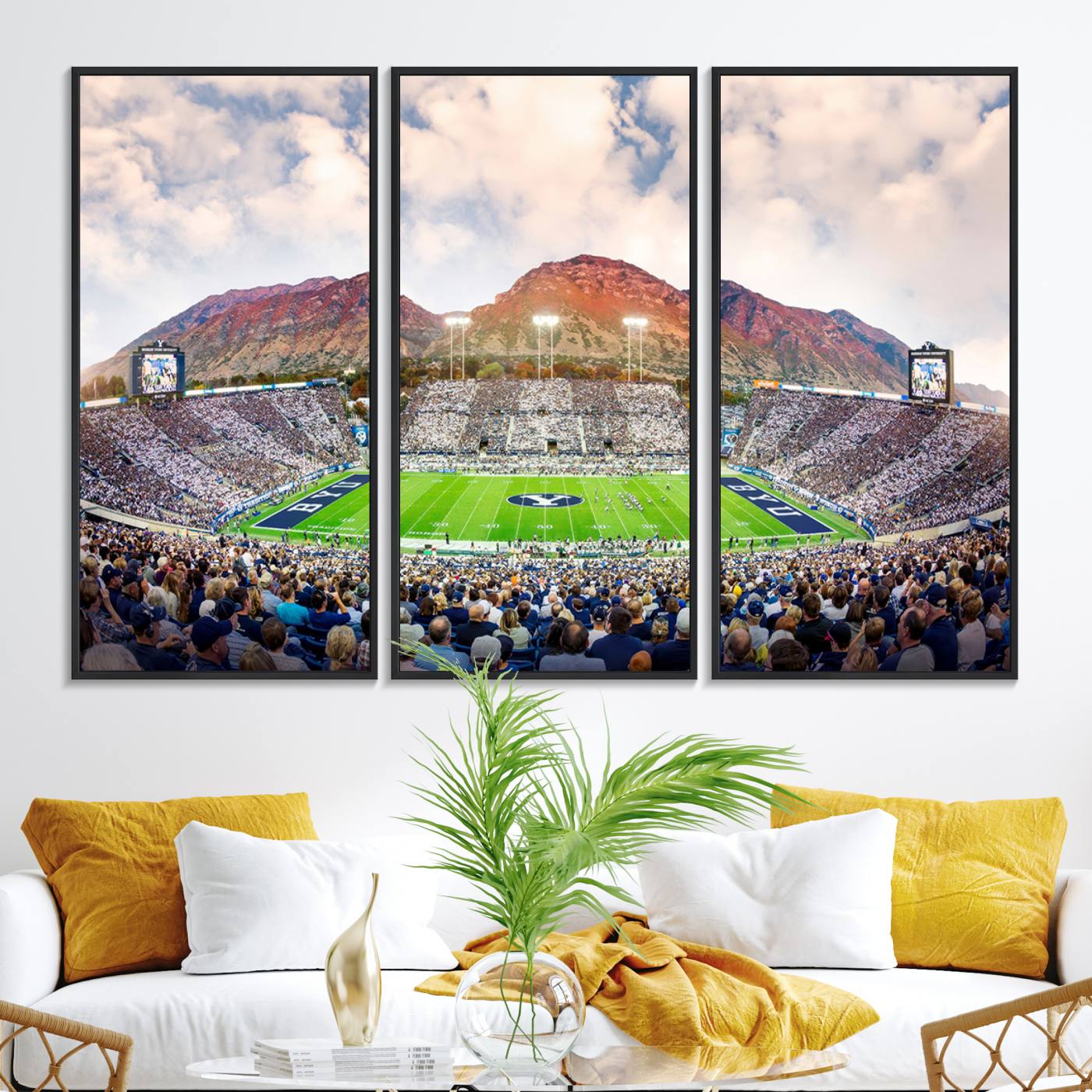 85734-MGV-FC-48X32-3P_Black-Brigham Young University Cougars Football Team Print - Provo LaVell Edwards Stadium Wall Art Canvas Print