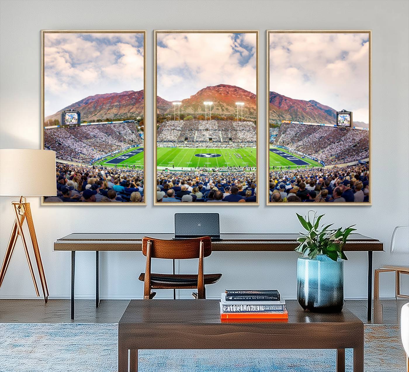 85734-MGV-FC-48X32-3P_Natural-Brigham Young University Cougars Football Team Print - Provo LaVell Edwards Stadium Wall Art Canvas Print