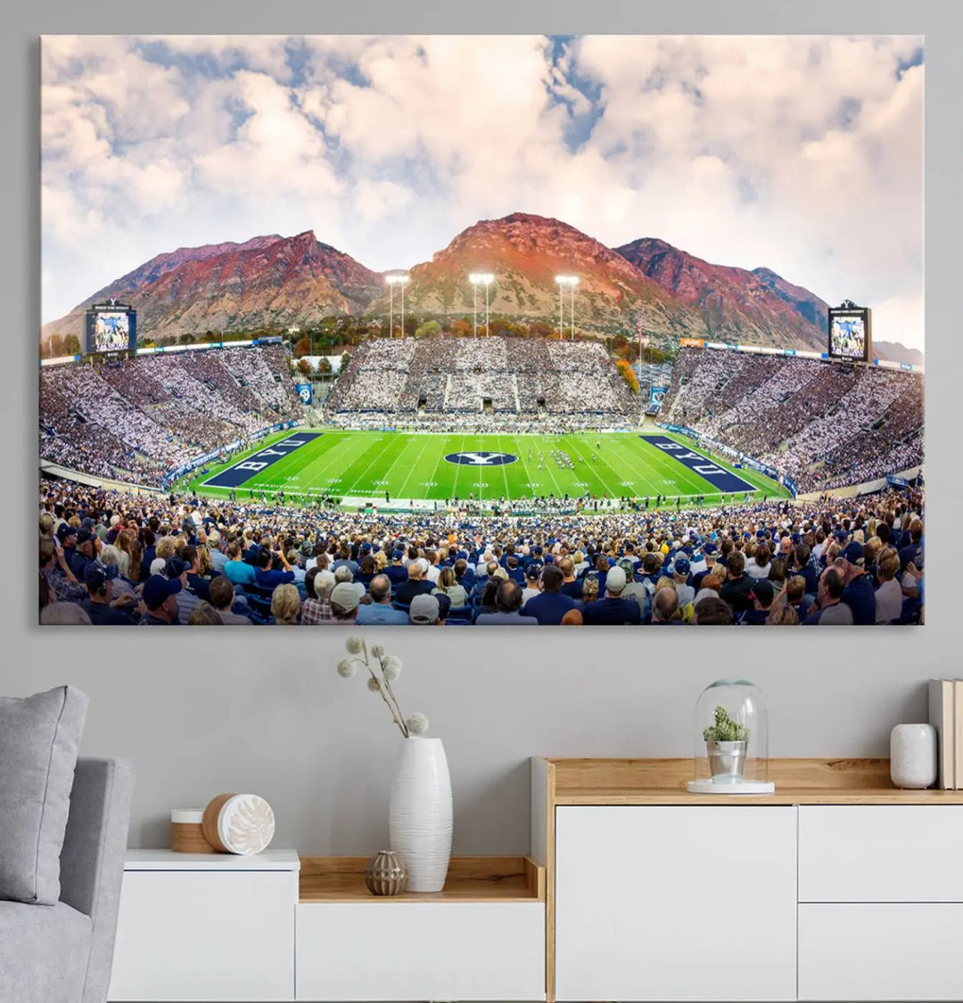 The Brigham Young University Cougars Football Team Print, featuring Provo's LaVell Edwards Stadium set against a mountainous backdrop, is beautifully rendered on museum-quality canvas.