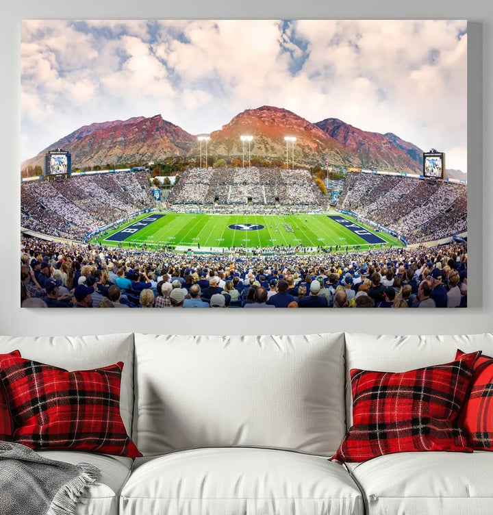 The Brigham Young University Cougars Football Team Print, featuring Provo's LaVell Edwards Stadium set against a mountainous backdrop, is beautifully rendered on museum-quality canvas.