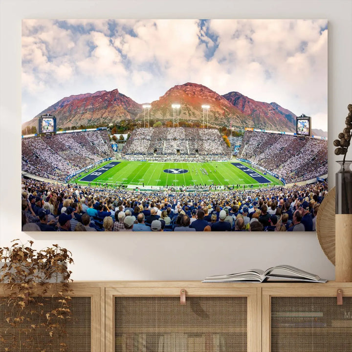 The Brigham Young University Cougars Football Team Print, featuring Provo's LaVell Edwards Stadium set against a mountainous backdrop, is beautifully rendered on museum-quality canvas.