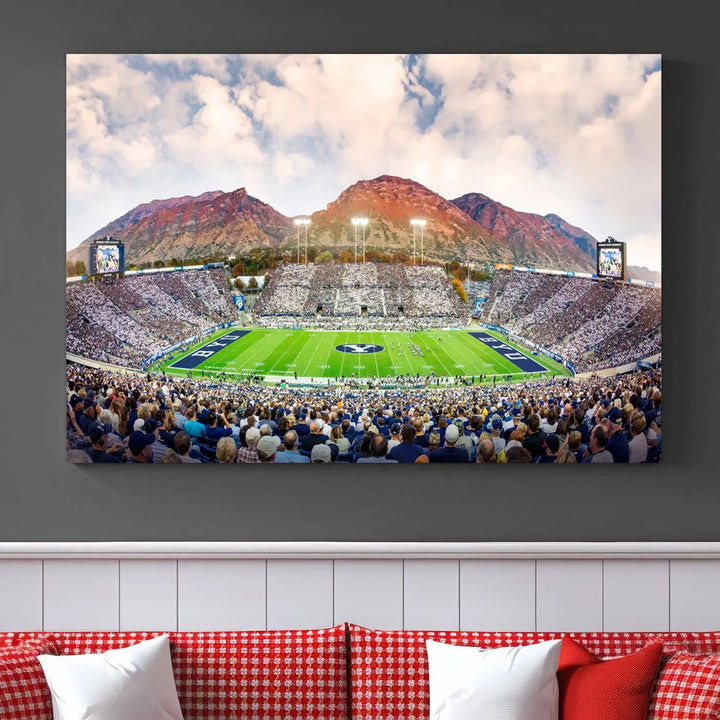 The Brigham Young University Cougars Football Team Print, featuring Provo's LaVell Edwards Stadium set against a mountainous backdrop, is beautifully rendered on museum-quality canvas.