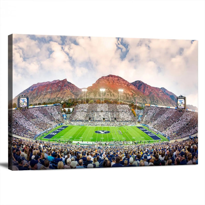 The Brigham Young University Cougars Football Team Print, featuring Provo's LaVell Edwards Stadium set against a mountainous backdrop, is beautifully rendered on museum-quality canvas.