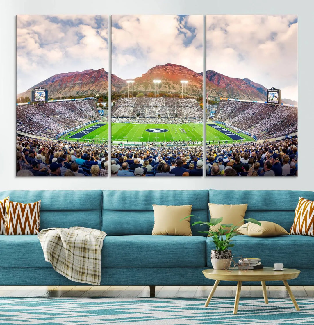 The Brigham Young University Cougars Football Team Print, featuring Provo's LaVell Edwards Stadium set against a mountainous backdrop, is beautifully rendered on museum-quality canvas.