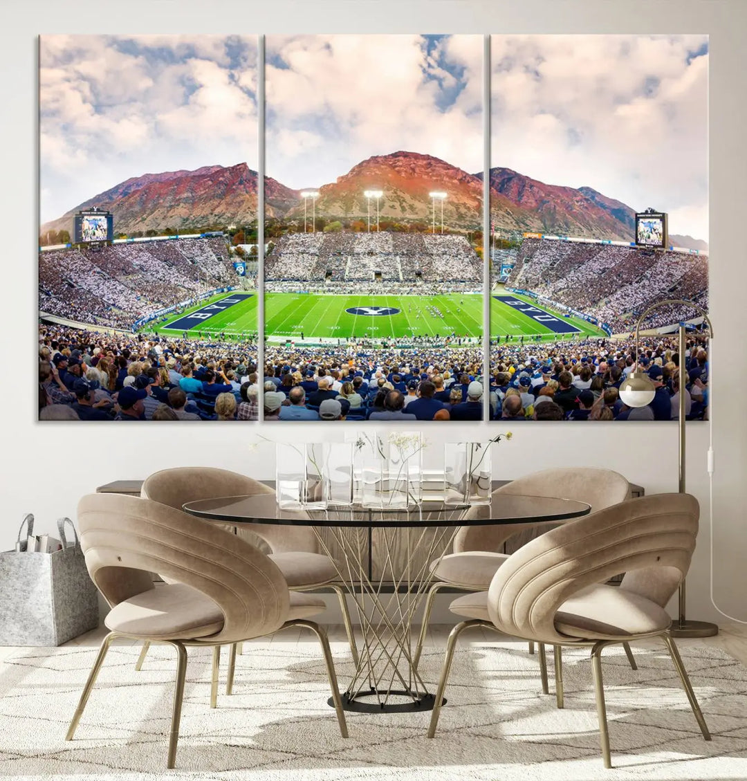 The Brigham Young University Cougars Football Team Print, featuring Provo's LaVell Edwards Stadium set against a mountainous backdrop, is beautifully rendered on museum-quality canvas.