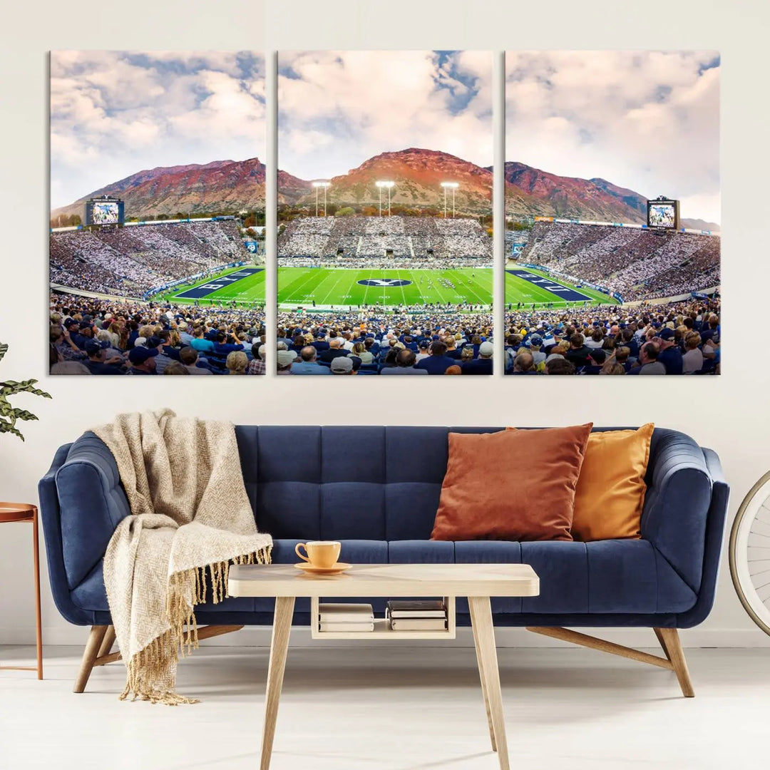 The Brigham Young University Cougars Football Team Print, featuring Provo's LaVell Edwards Stadium set against a mountainous backdrop, is beautifully rendered on museum-quality canvas.